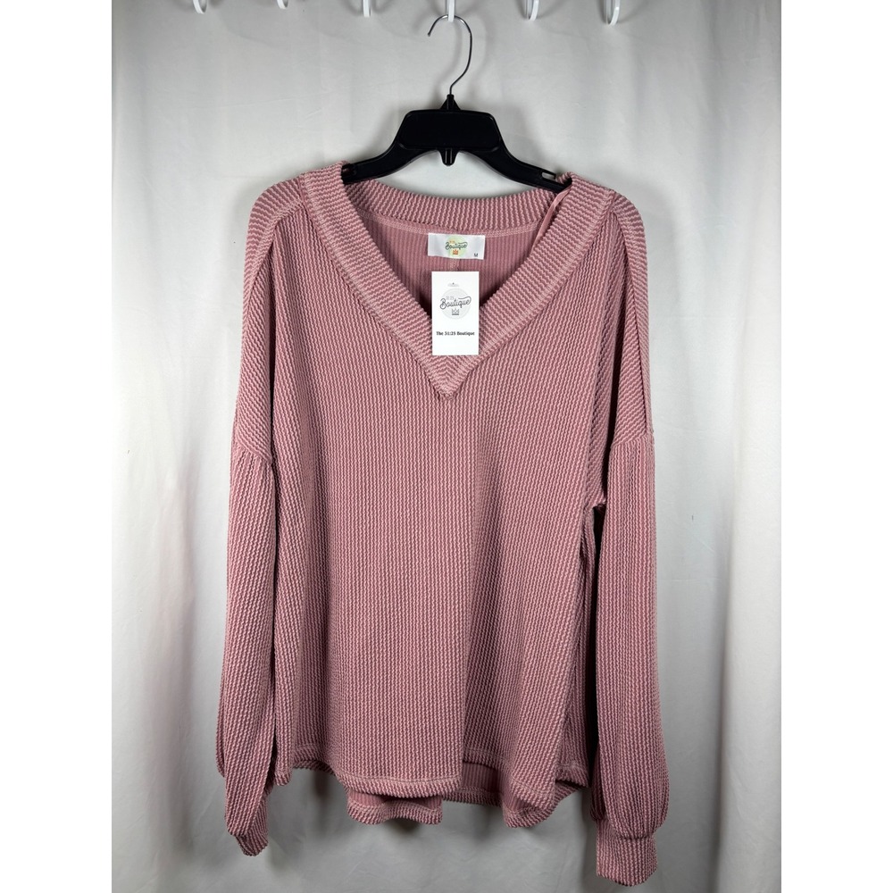 31:25 Boutique Womens Waffle Knit V-Neck Top Dusty Rose‎ Pink Oversized New M
